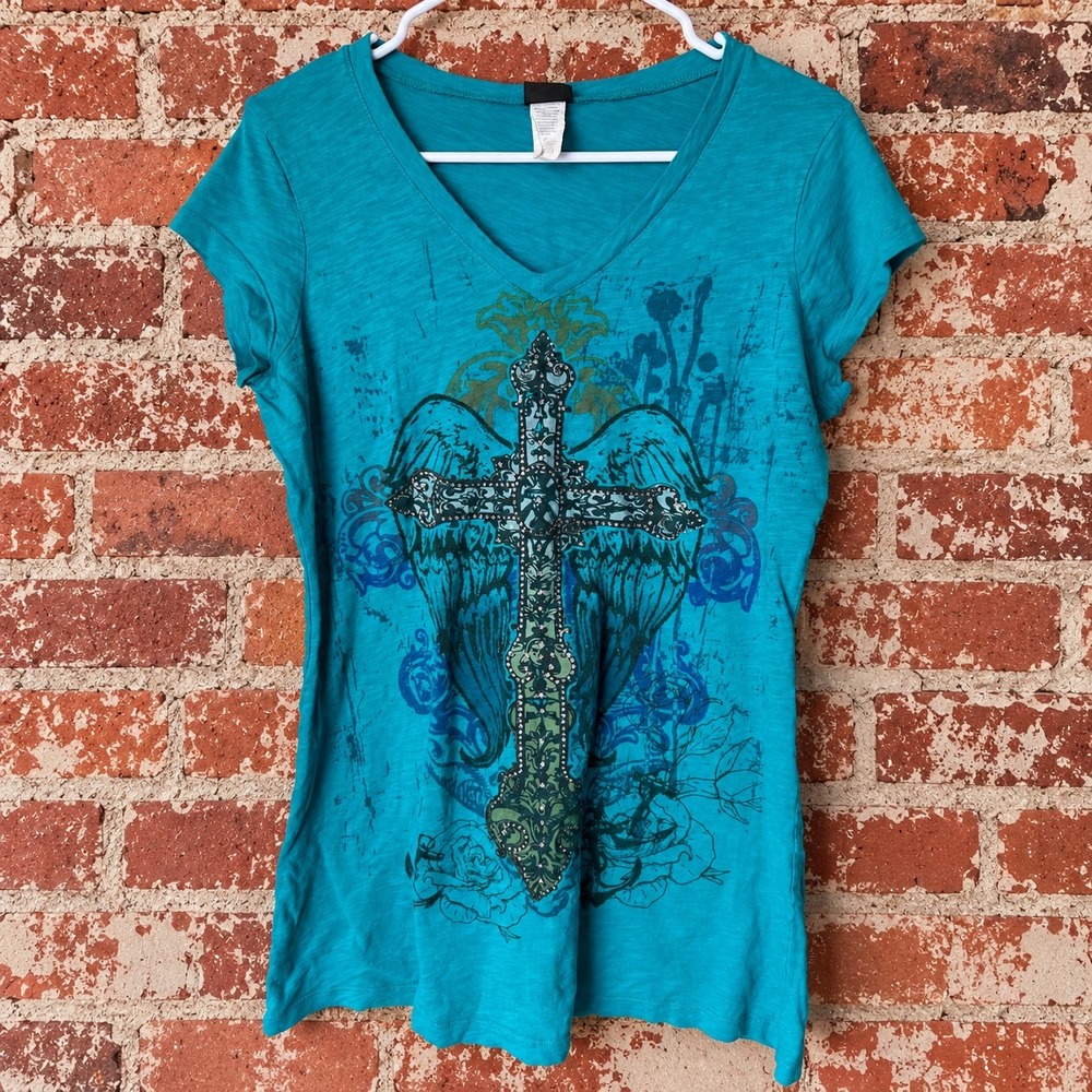 Y2K Teal Cross Graphic T-Shirt Rhinestone V-Neck XL 2000s McBling Cyber Gothic